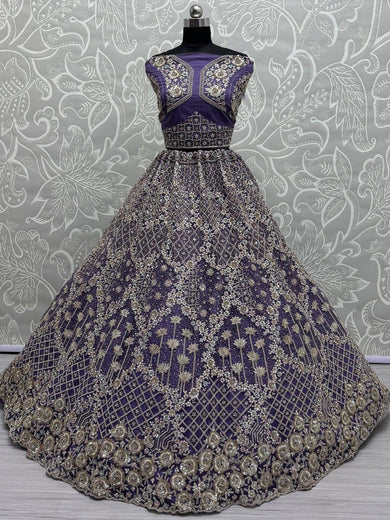 Alluring Purple Thread Embroidered Net Wedding Lehenga Choli - Ethnic Plus In